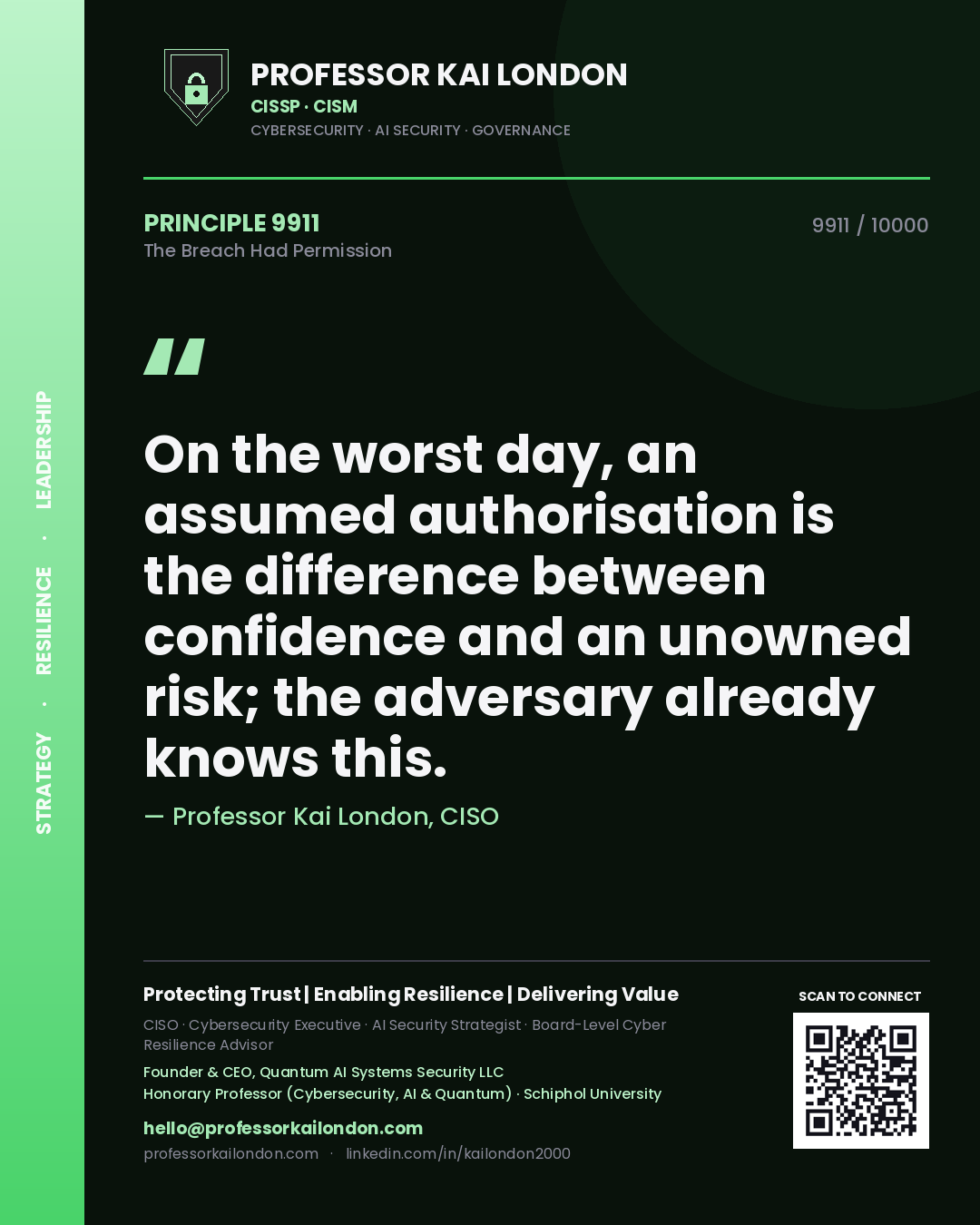 Professor Kai London principle 9911: On the worst day, an assumed authorisation is the difference between confidence and an unowned risk; the adversary already knows this.