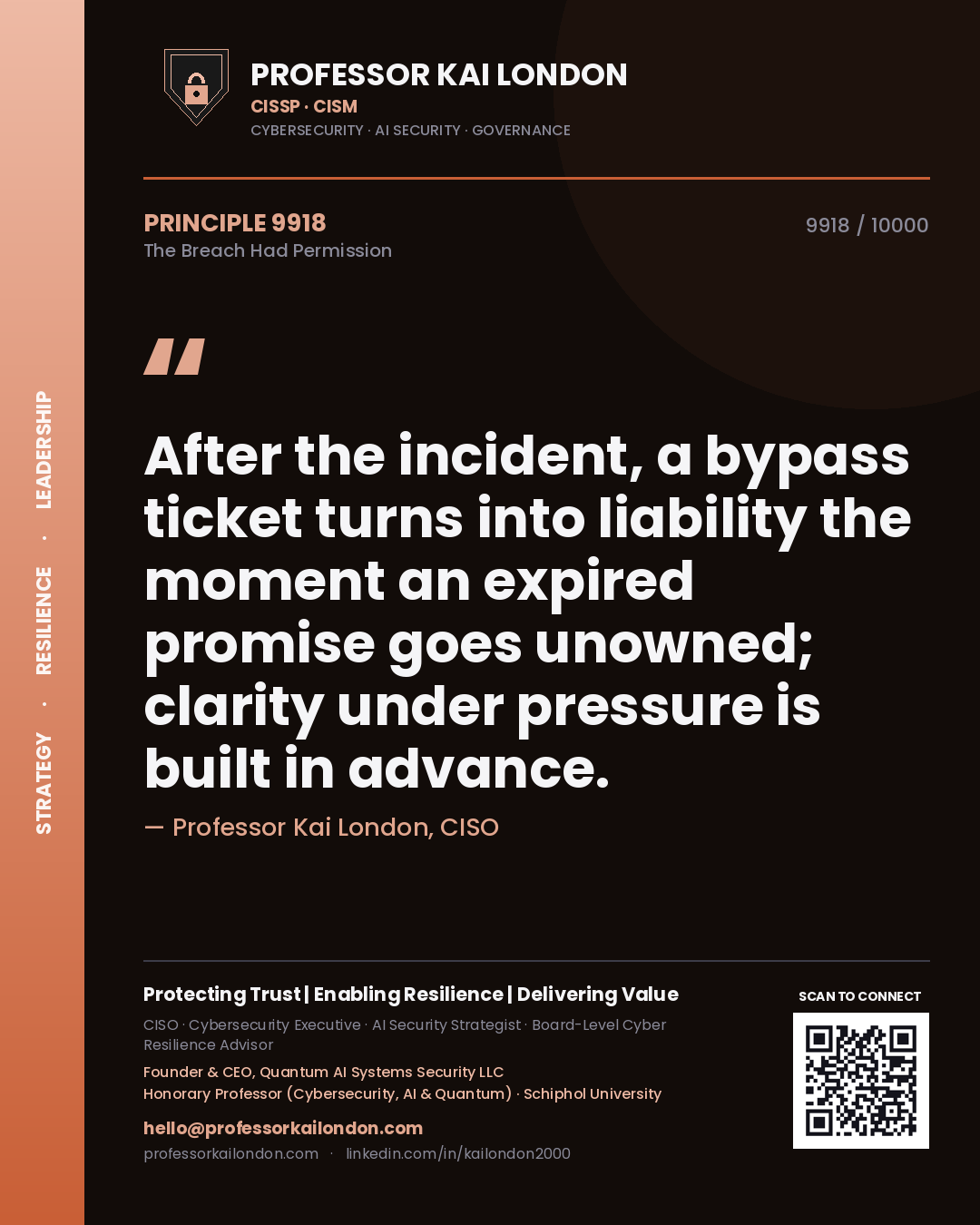 Quote card by Professor Kai London reading 'After the incident, a bypass ticket turns into liability the moment an expired promise goes unowned; clarity under pressure is built in advance.'. From the book The Breach Had Permission.