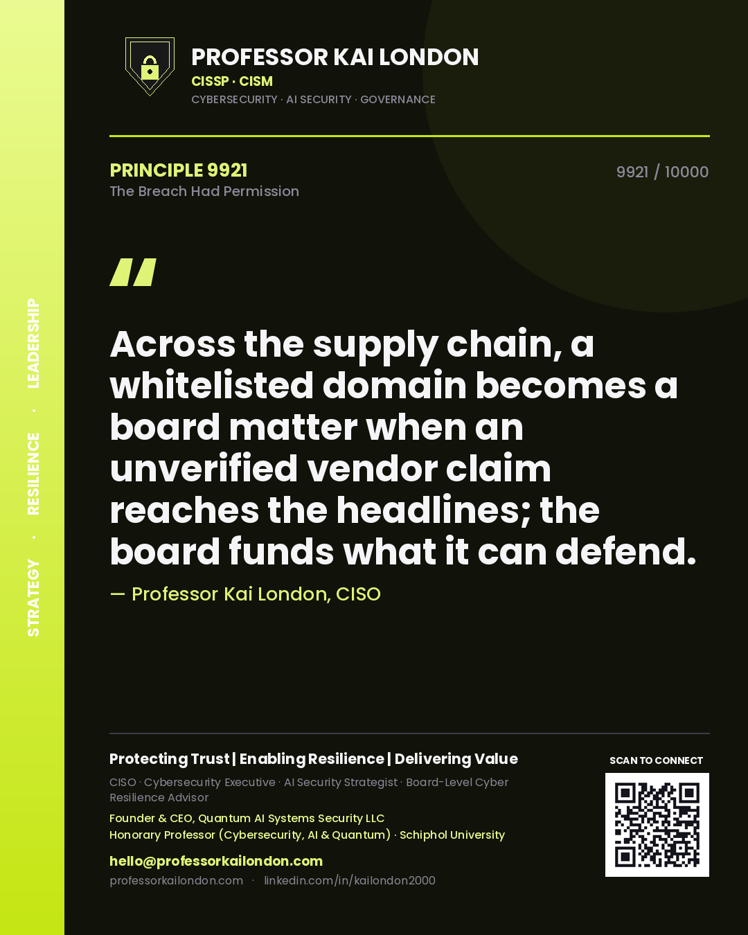 Professor Kai London principle 9921: Across the supply chain, a whitelisted domain becomes a board matter when an unverified vendor claim reaches the headlines; the board funds what it can defend.