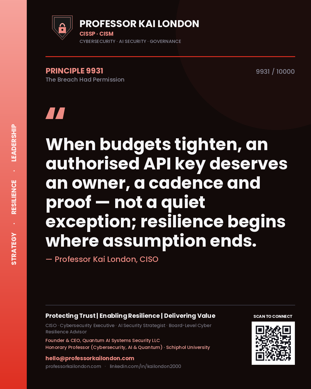 Quote card by Professor Kai London reading 'When budgets tighten, an authorised API key deserves an owner, a cadence and proof — not a quiet exception; resilience begins where assumption ends.'. From the book The Breach Had Permission.