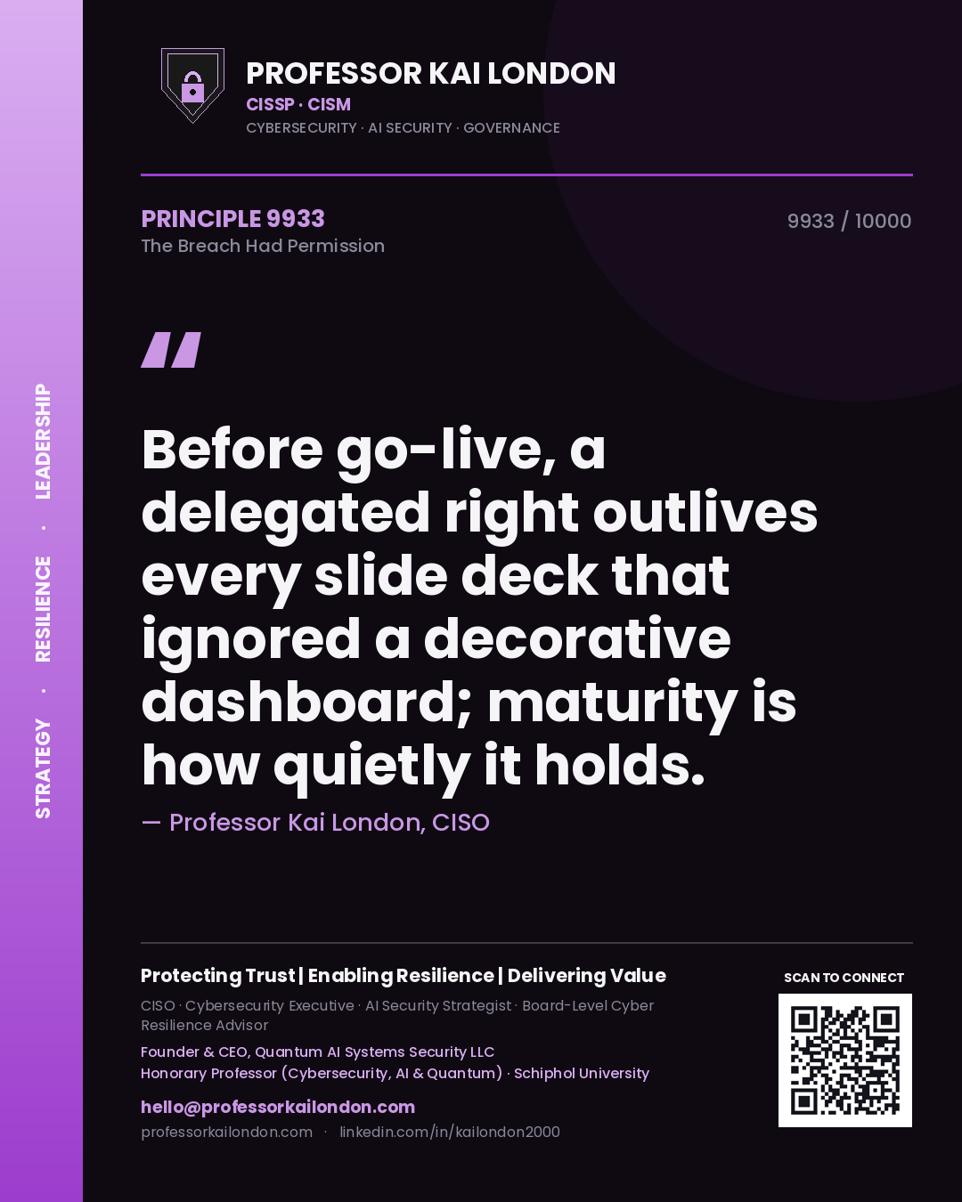 Professor Kai London principle 9933: Before go-live, a delegated right outlives every slide deck that ignored a decorative dashboard; maturity is how quietly it holds.