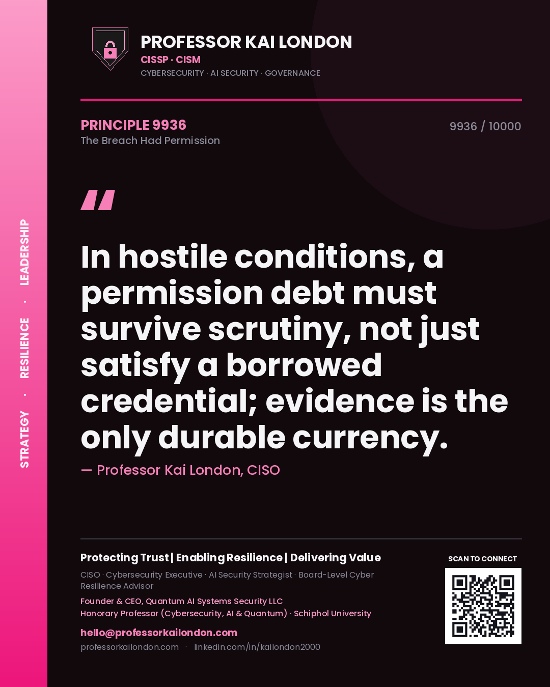 Professor Kai London principle 9936: In hostile conditions, a permission debt must survive scrutiny, not just satisfy a borrowed credential; evidence is the only durable currency.