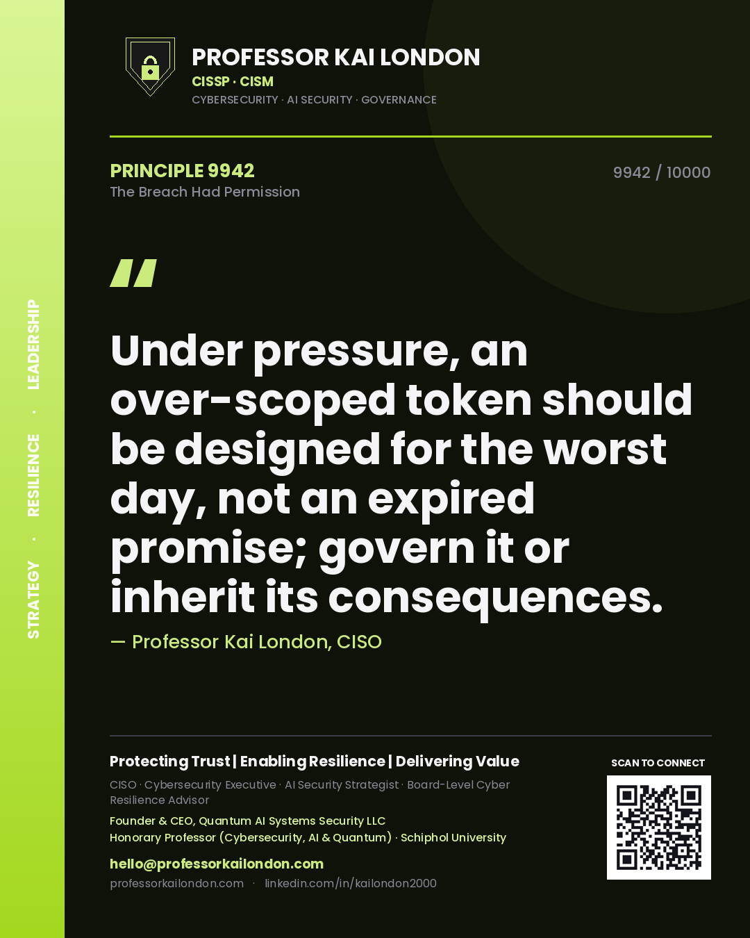 Professor Kai London principle 9942: Under pressure, an over-scoped token should be designed for the worst day, not an expired promise; govern it or inherit its consequences.