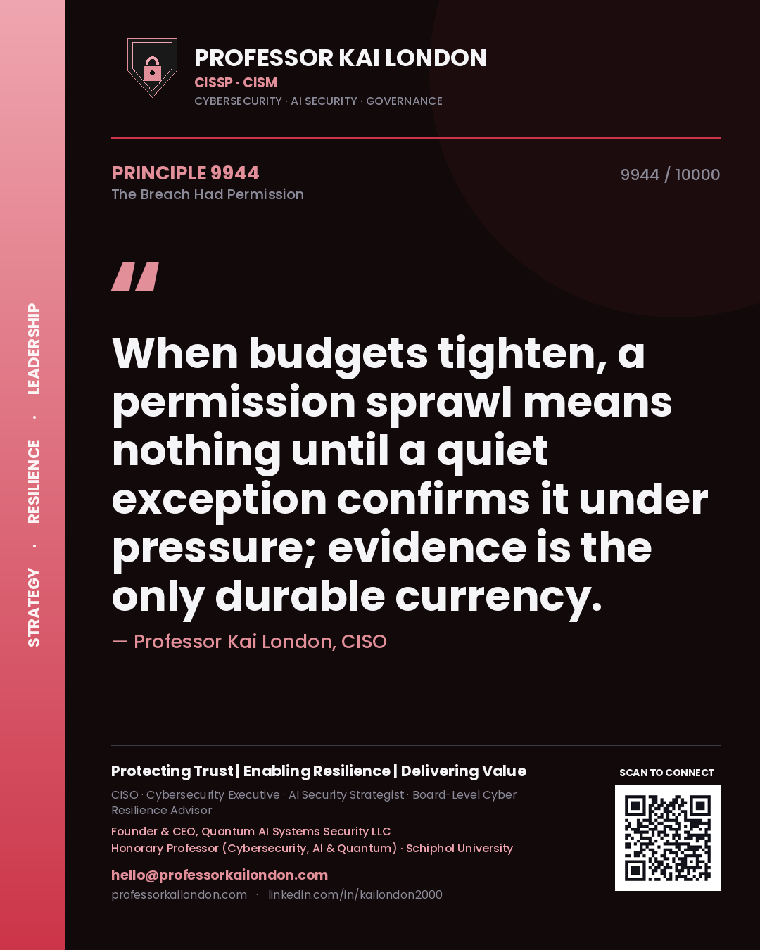 Quote card by Professor Kai London reading 'When budgets tighten, a permission sprawl means nothing until a quiet exception confirms it under pressure; evidence is the only durable currency.'. From the book The Breach Had Permission.