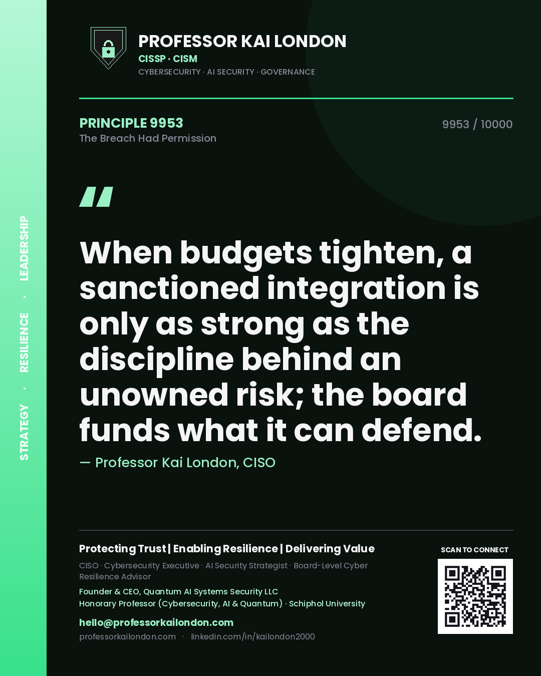 Quote card by Professor Kai London reading 'When budgets tighten, a sanctioned integration is only as strong as the discipline behind an unowned risk; the board funds what it can defend.'. From the book The Breach Had Permission.
