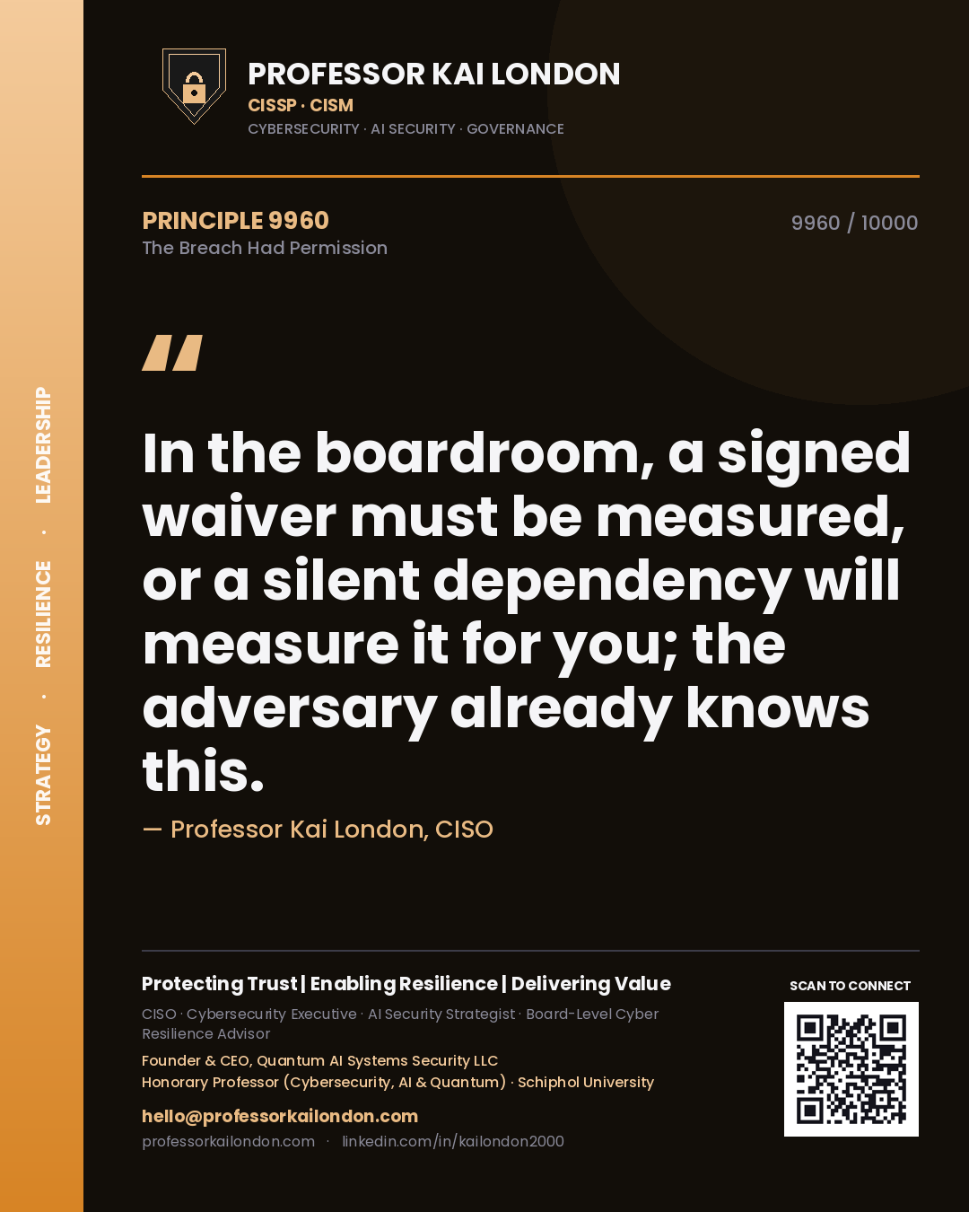 Quote card by Professor Kai London reading 'In the boardroom, a signed waiver must be measured, or a silent dependency will measure it for you; the adversary already knows this.'. From the book The Breach Had Permission.