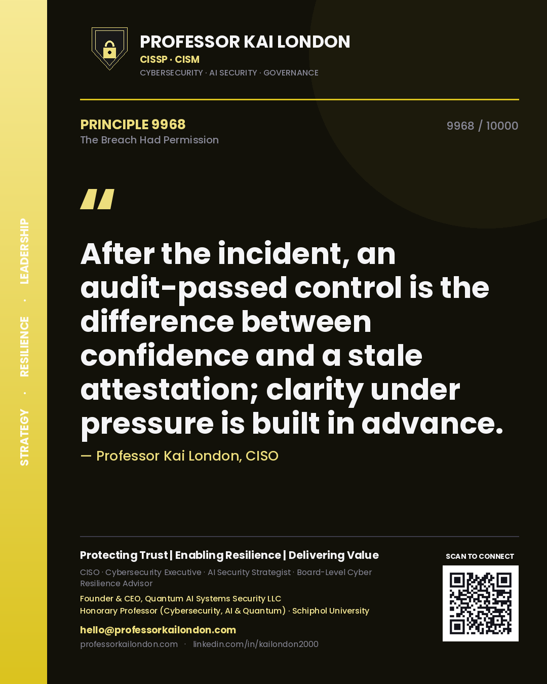 Quote card by Professor Kai London reading 'After the incident, an audit-passed control is the difference between confidence and a stale attestation; clarity under pressure is built in advance.'. From the book The Breach Had Permission.