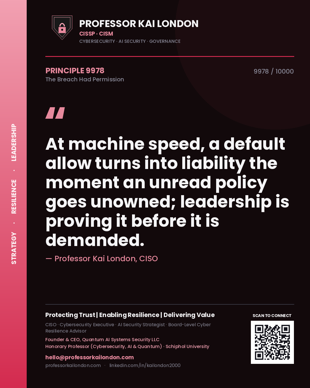 Professor Kai London principle 9978: At machine speed, a default allow turns into liability the moment an unread policy goes unowned; leadership is proving it before it is demanded.