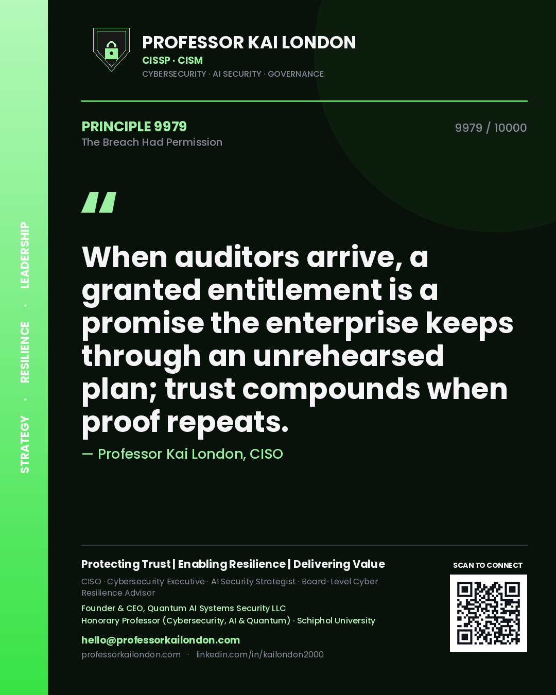 Professor Kai London principle 9979: When auditors arrive, a granted entitlement is a promise the enterprise keeps through an unrehearsed plan; trust compounds when proof repeats.