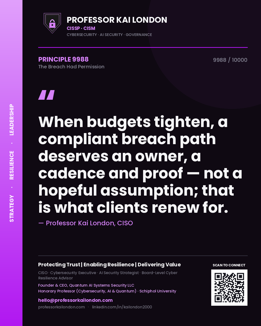 Professor Kai London principle 9988: When budgets tighten, a compliant breach path deserves an owner, a cadence and proof — not a hopeful assumption; that is what clients renew for.