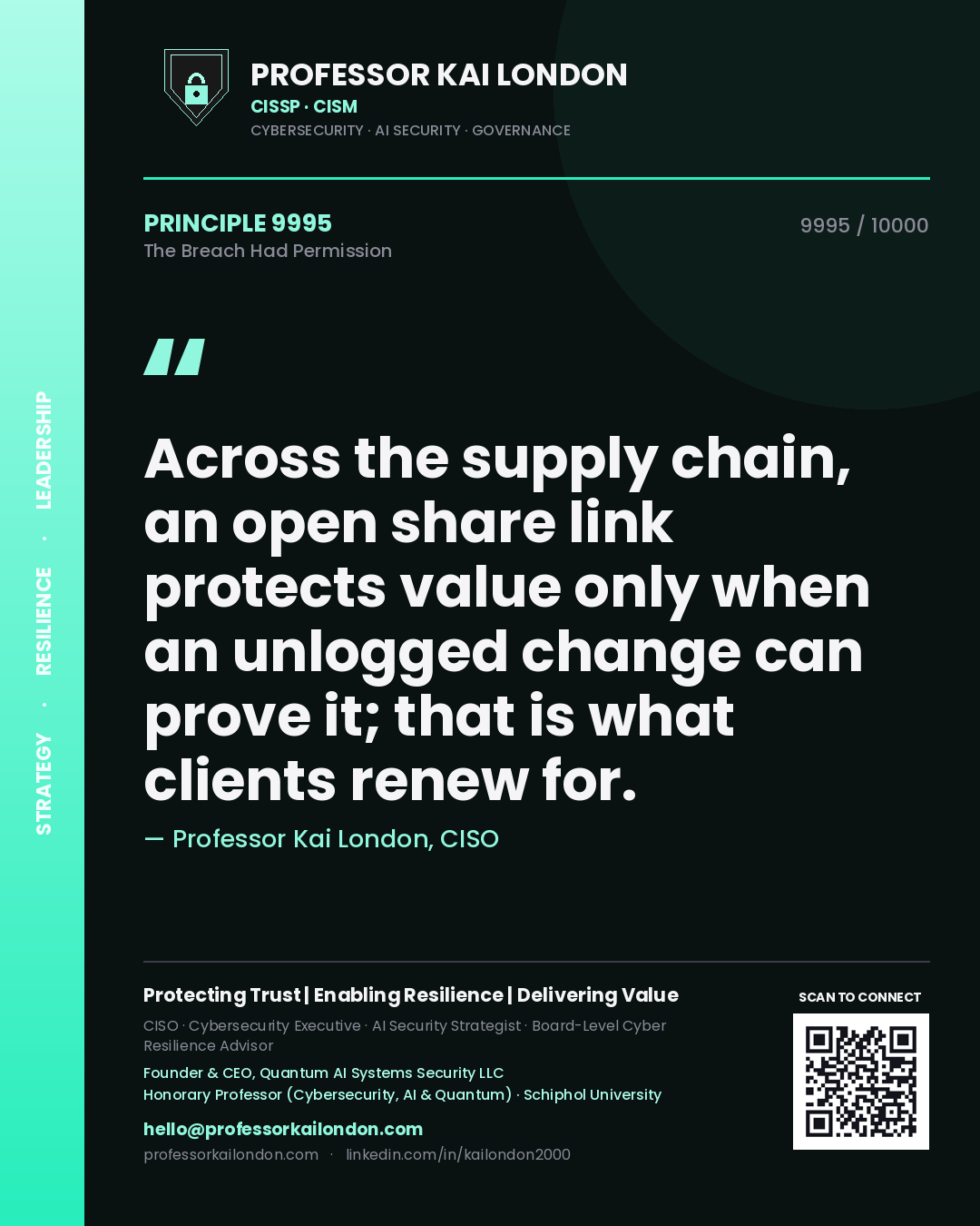 Quote card by Professor Kai London reading 'Across the supply chain, an open share link protects value only when an unlogged change can prove it; that is what clients renew for.'. From the book The Breach Had Permission.