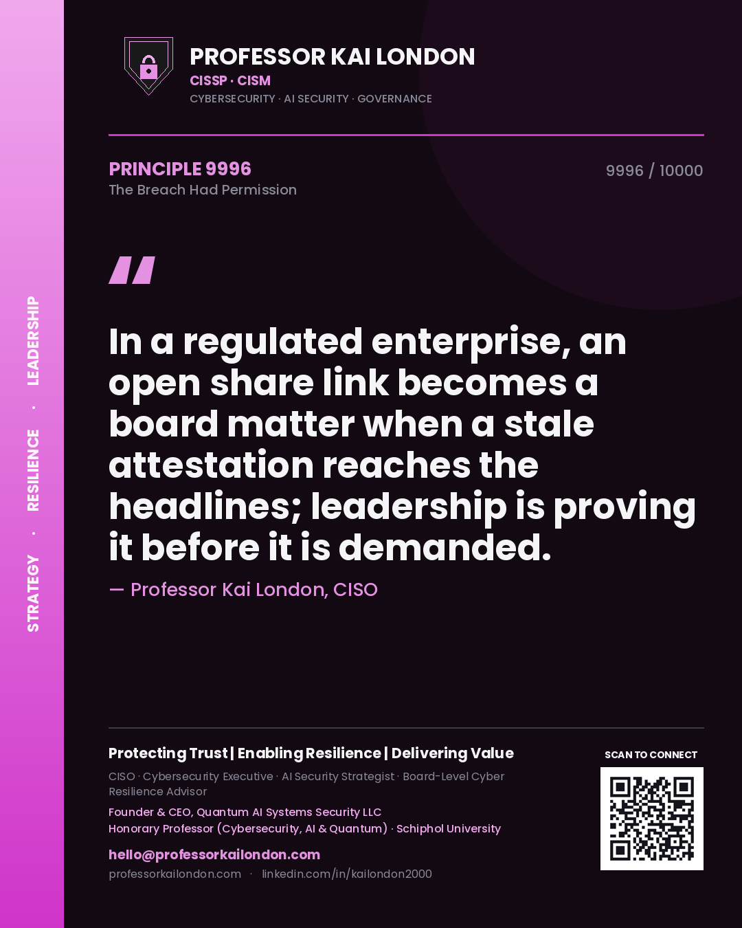 Professor Kai London principle 9996: In a regulated enterprise, an open share link becomes a board matter when a stale attestation reaches the headlines; leadership is proving it before it is demanded.