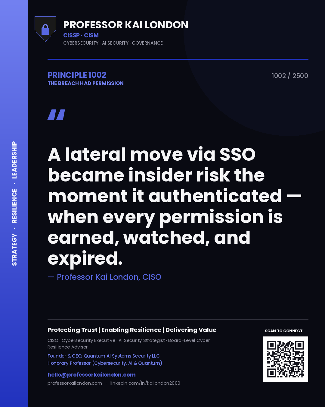 Quote card by Professor Kai London reading 'A lateral move via SSO became insider risk the moment it authenticated — when every permission is earned, watched, and expired.'. From the book The Breach Had Permission.