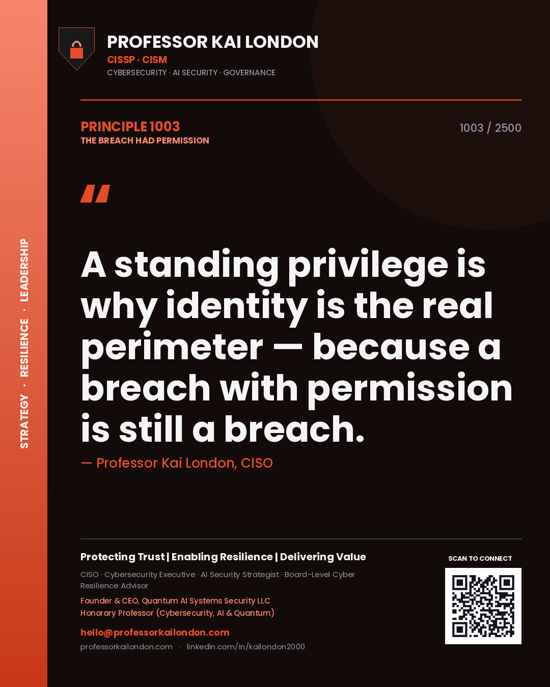 Professor Kai London principle 1003: A standing privilege is why identity is the real perimeter — because a breach with permission is still a breach.