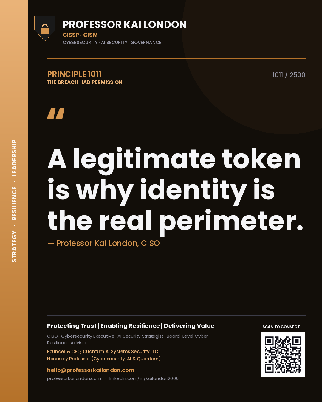Quote card by Professor Kai London reading 'A legitimate token is why identity is the real perimeter.'. From the book The Breach Had Permission.