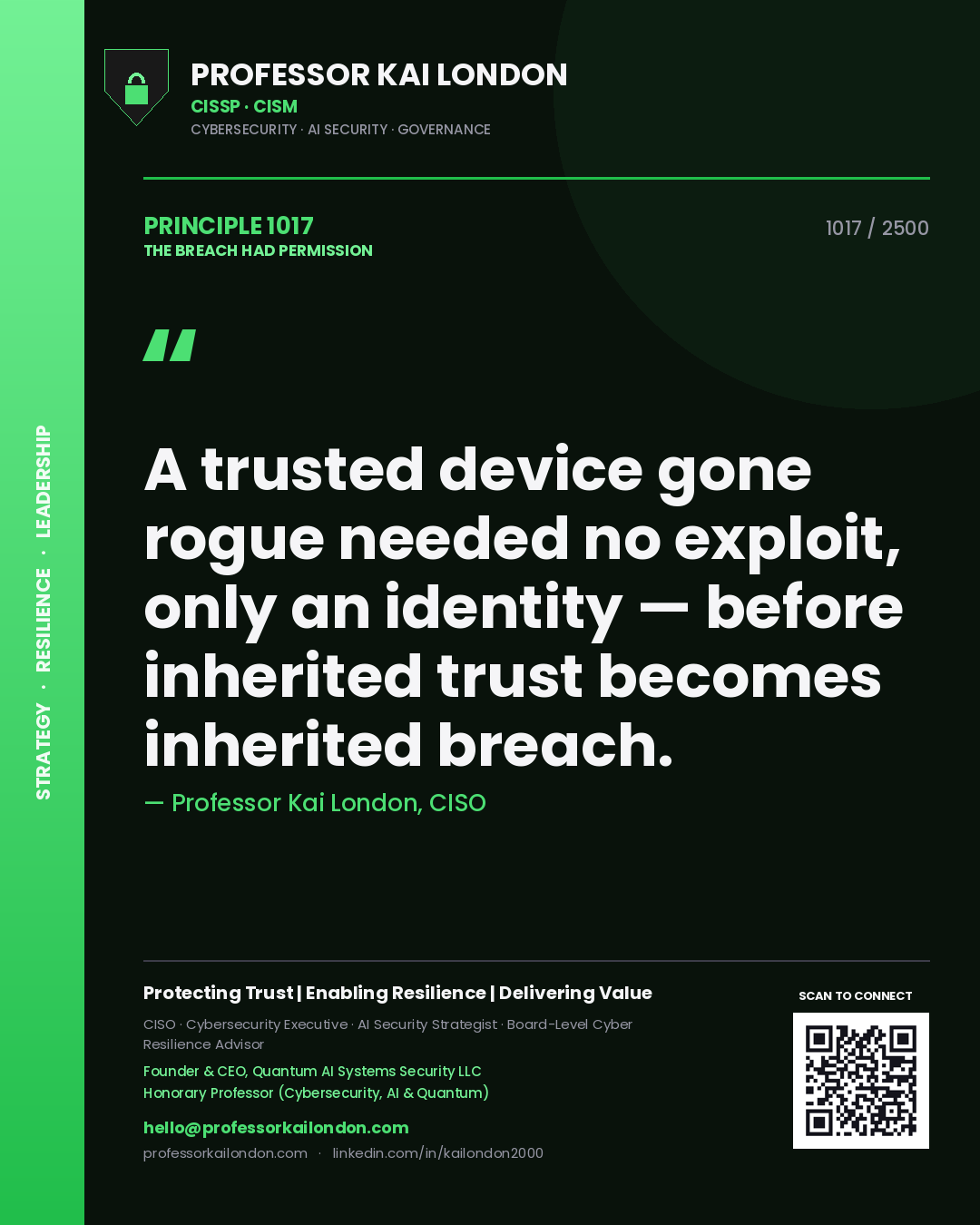 Quote card by Professor Kai London reading 'A trusted device gone rogue needed no exploit, only an identity — before inherited trust becomes inherited breach.'. From the book The Breach Had Permission.