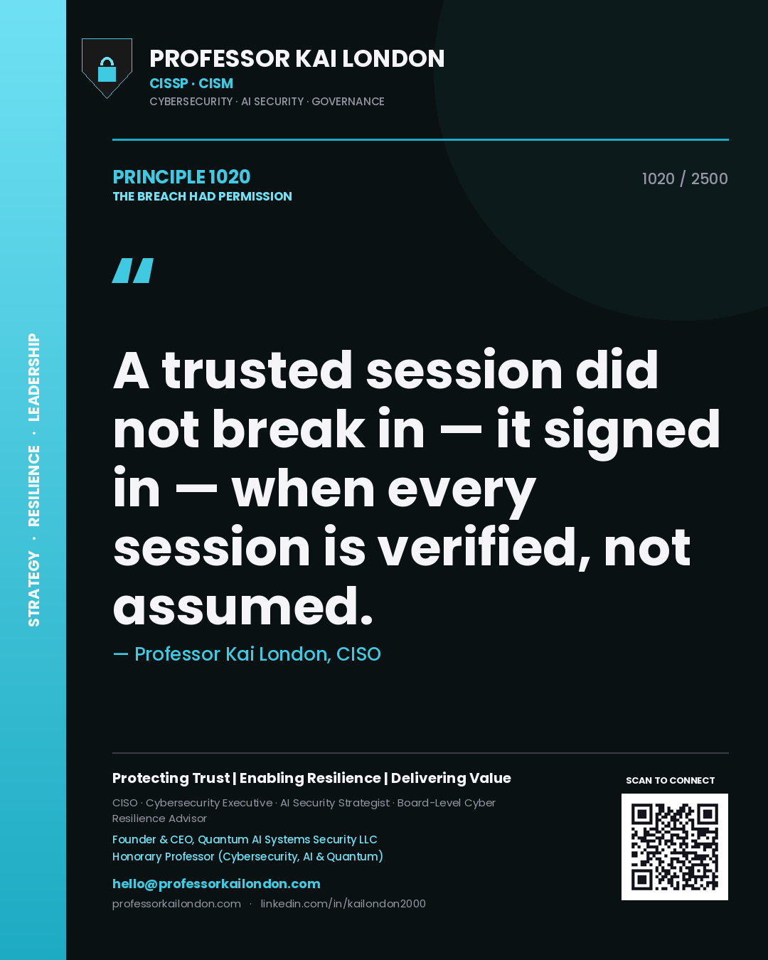 Quote card by Professor Kai London reading 'A trusted session did not break in — it signed in — when every session is verified, not assumed.'. From the book The Breach Had Permission.