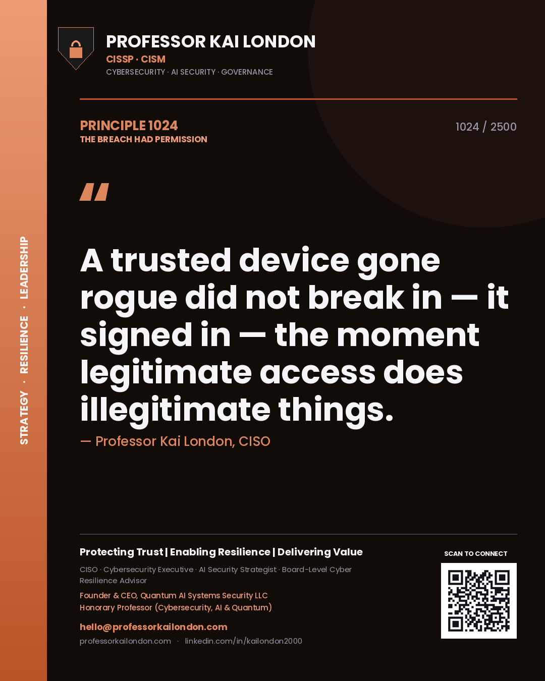 Quote card by Professor Kai London reading 'A trusted device gone rogue did not break in — it signed in — the moment legitimate access does illegitimate things.'. From the book The Breach Had Permission.