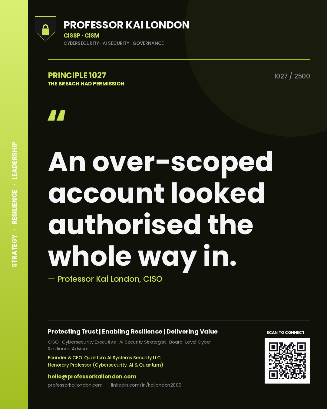 Quote card by Professor Kai London reading 'An over-scoped account looked authorised the whole way in.'. From the book The Breach Had Permission.