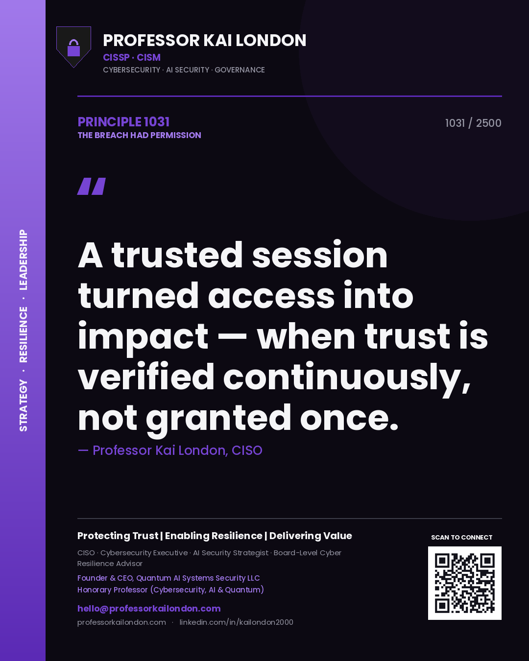 Quote card by Professor Kai London reading 'A trusted session turned access into impact — when trust is verified continuously, not granted once.'. From the book The Breach Had Permission.
