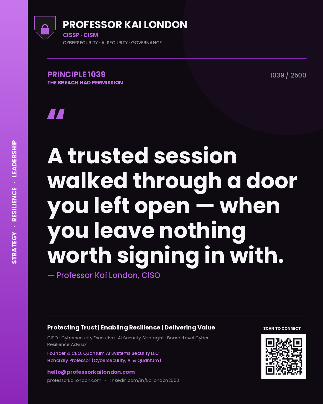 Quote card by Professor Kai London reading 'A trusted session walked through a door you left open — when you leave nothing worth signing in with.'. From the book The Breach Had Permission.