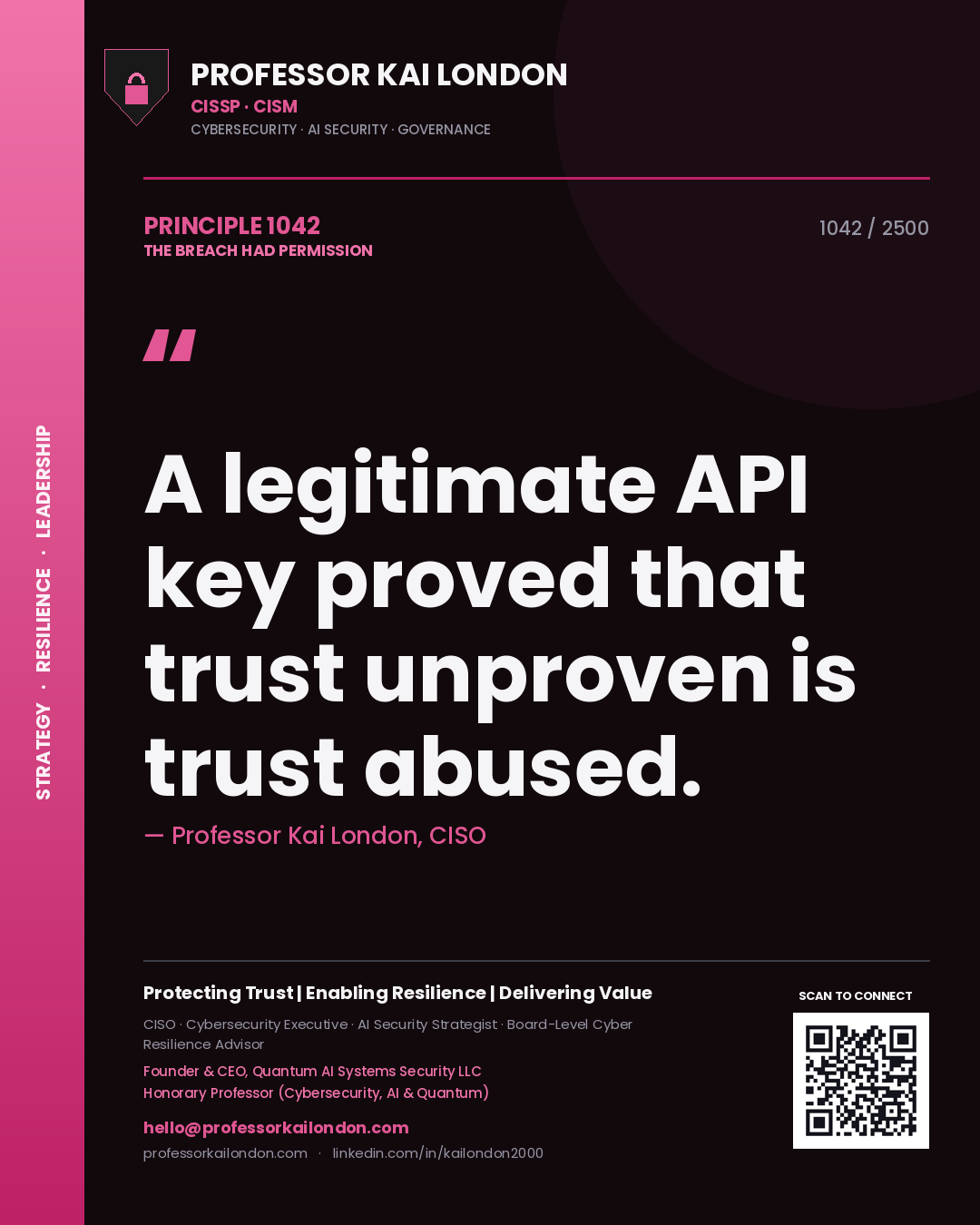 Quote card by Professor Kai London reading 'A legitimate API key proved that trust unproven is trust abused.'. From the book The Breach Had Permission.