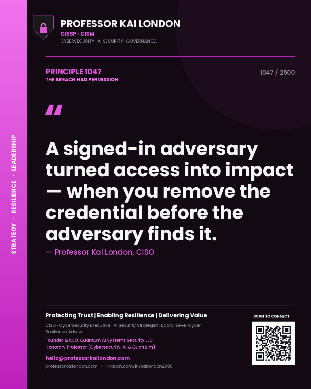 Quote card by Professor Kai London reading 'A signed-in adversary turned access into impact — when you remove the credential before the adversary finds it.'. From the book The Breach Had Permission.