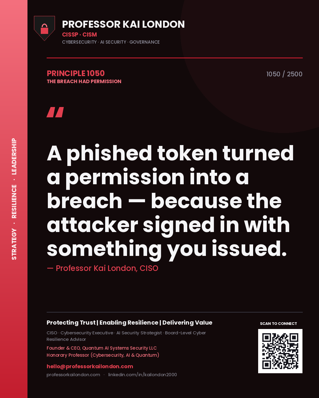 Quote card by Professor Kai London reading 'A phished token turned a permission into a breach — because the attacker signed in with something you issued.'. From the book The Breach Had Permission.
