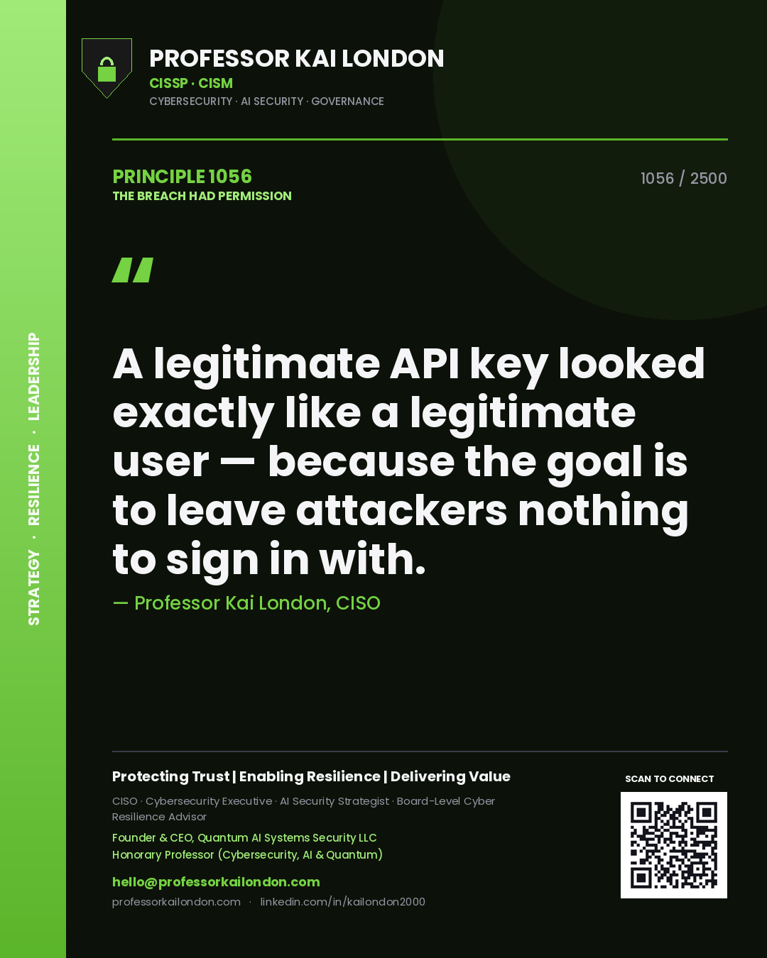 Quote card by Professor Kai London reading 'A legitimate API key looked exactly like a legitimate user — because the goal is to leave attackers nothing to sign in with.'. From the book The Breach Had Permission.