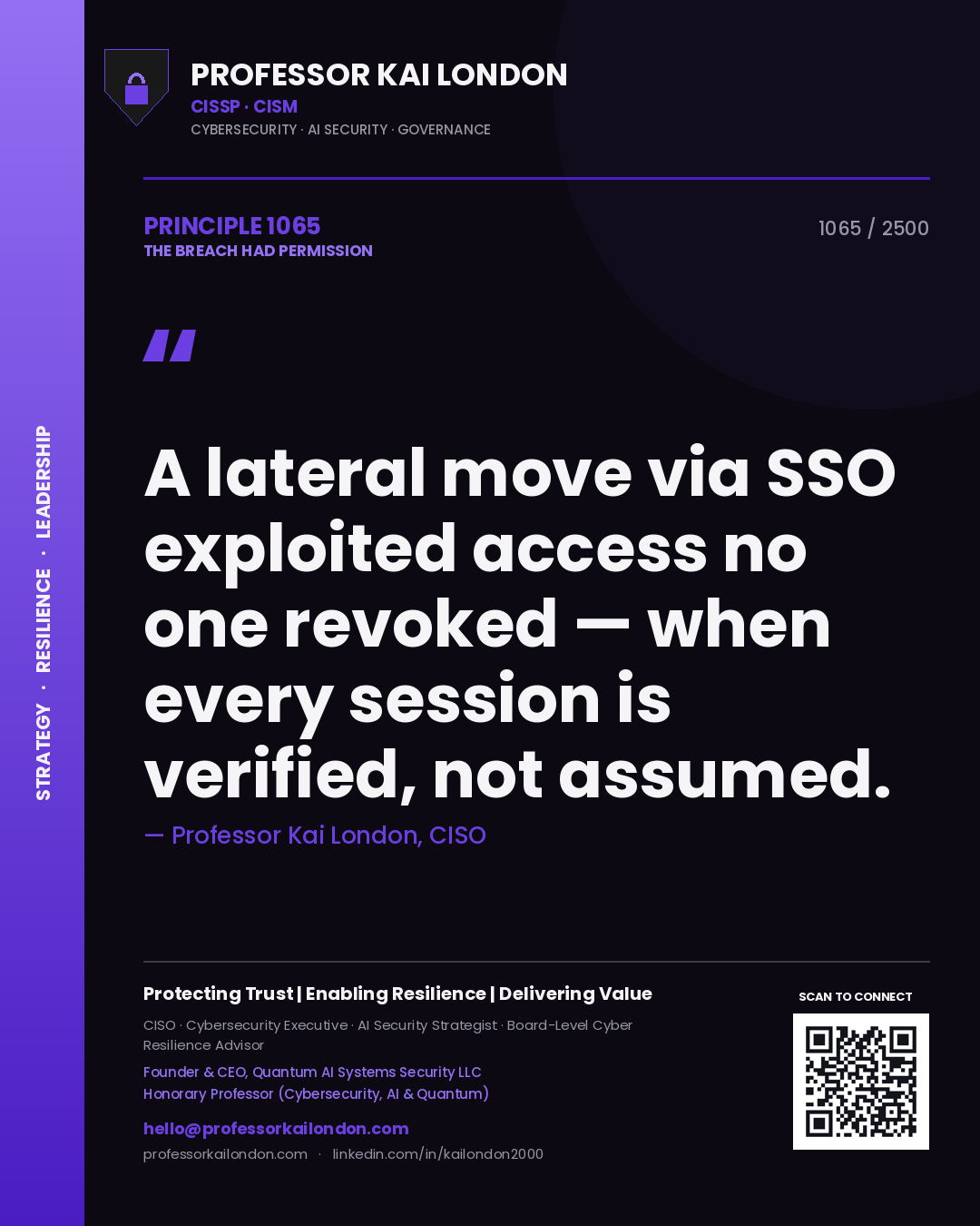 Quote card by Professor Kai London reading 'A lateral move via SSO exploited access no one revoked — when every session is verified, not assumed.'. From the book The Breach Had Permission.