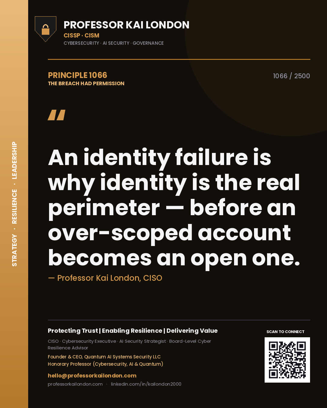 Quote card by Professor Kai London reading 'An identity failure is why identity is the real perimeter — before an over-scoped account becomes an open one.'. From the book The Breach Had Permission.
