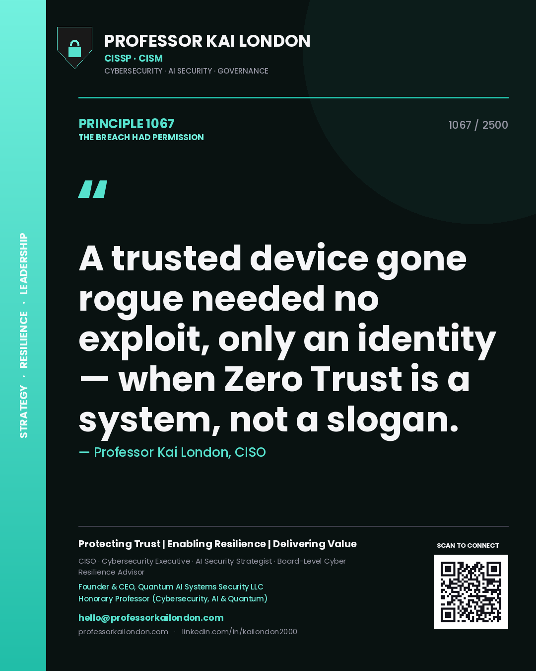 Quote card by Professor Kai London reading 'A trusted device gone rogue needed no exploit, only an identity — when Zero Trust is a system, not a slogan.'. From the book The Breach Had Permission.