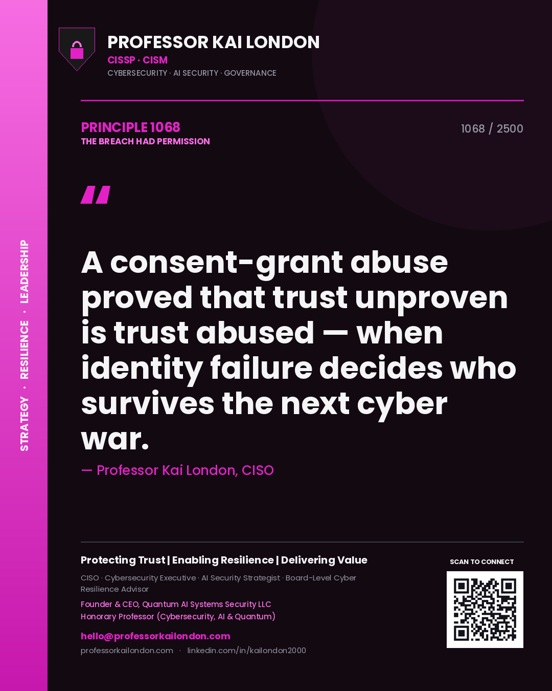 Quote card by Professor Kai London reading 'A consent-grant abuse proved that trust unproven is trust abused — when identity failure decides who survives the next cyber war.'. From the book The Breach Had Permission.
