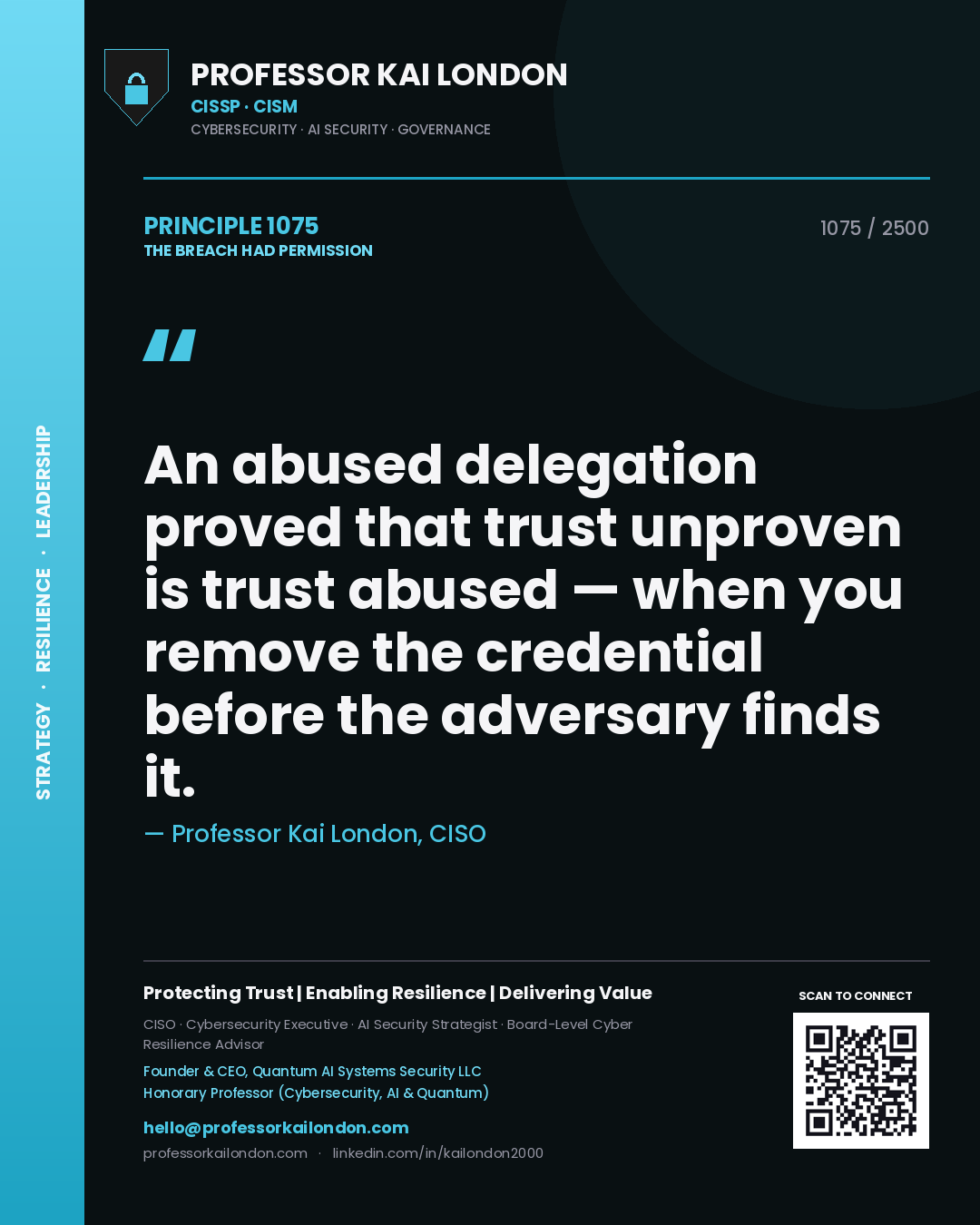 Quote card by Professor Kai London reading 'An abused delegation proved that trust unproven is trust abused — when you remove the credential before the adversary finds it.'. From the book The Breach Had Permission.