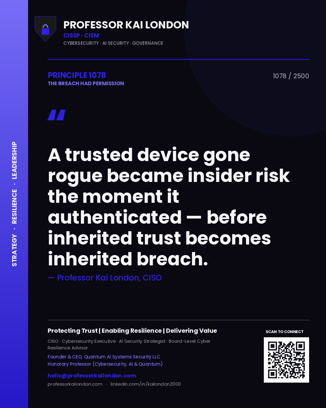 Quote card by Professor Kai London reading 'A trusted device gone rogue became insider risk the moment it authenticated — before inherited trust becomes inherited breach.'. From the book The Breach Had Permission.