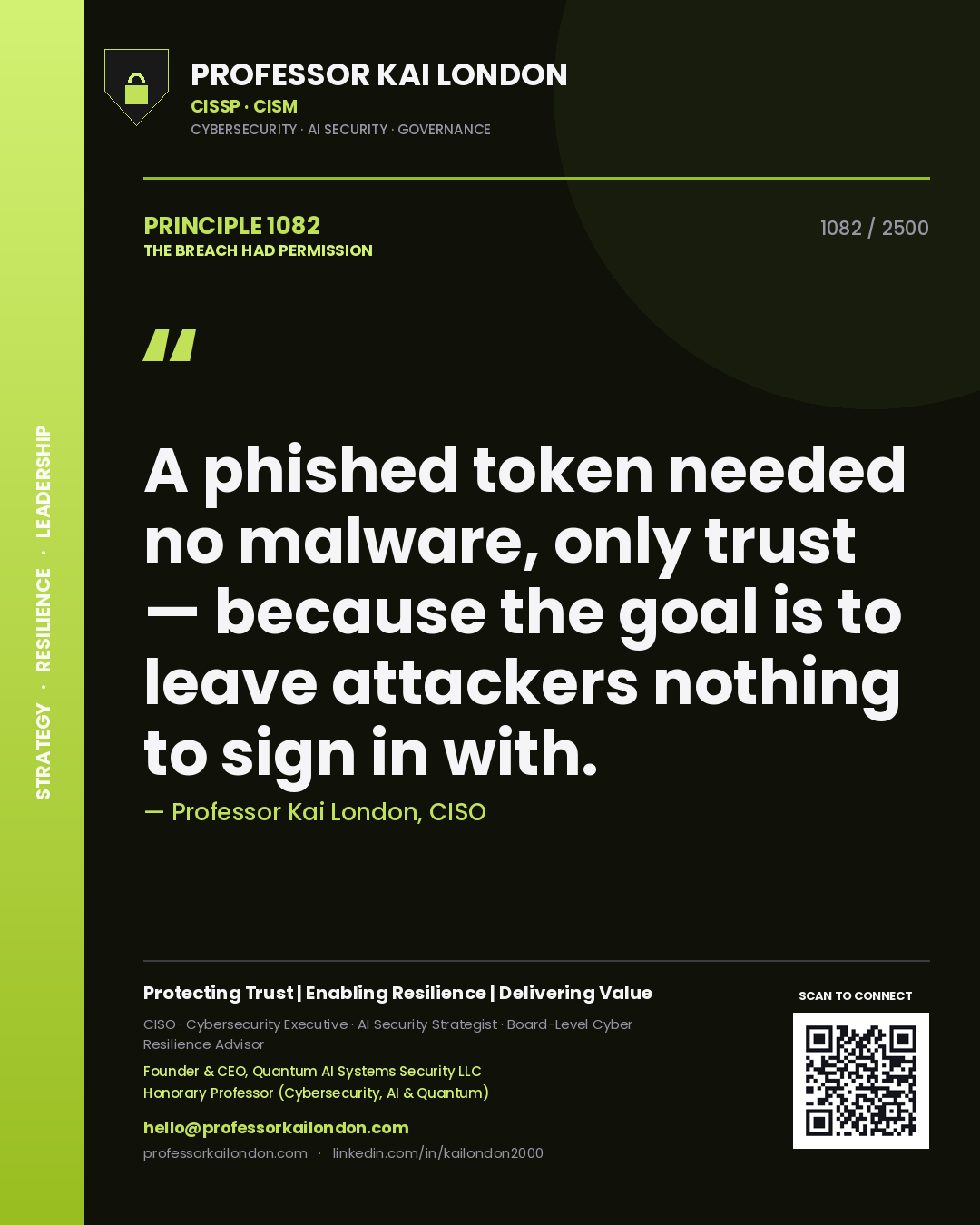 Quote card by Professor Kai London reading 'A phished token needed no malware, only trust — because the goal is to leave attackers nothing to sign in with.'. From the book The Breach Had Permission.