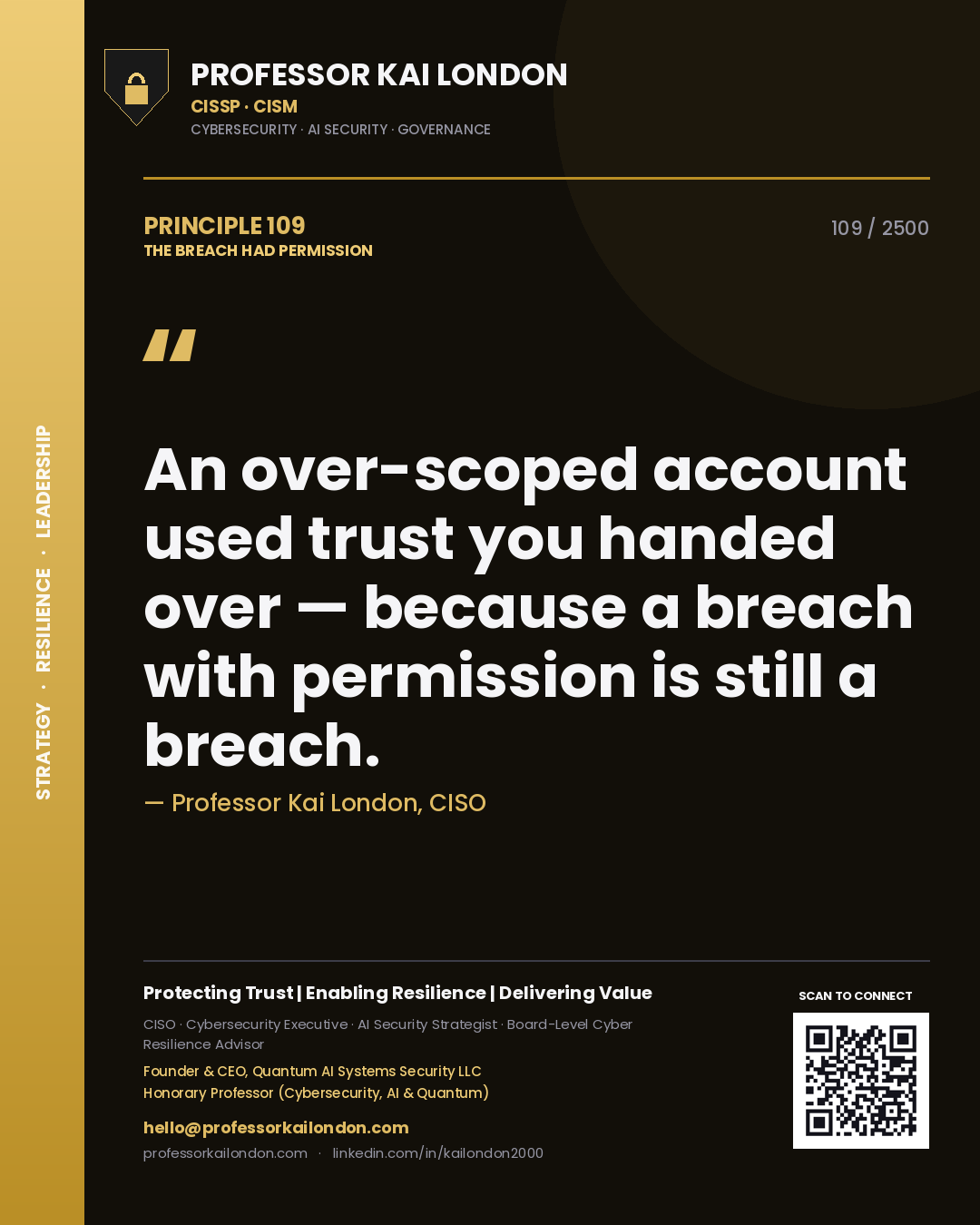 Quote card by Professor Kai London reading 'An over-scoped account used trust you handed over — because a breach with permission is still a breach.'. From the book The Breach Had Permission.