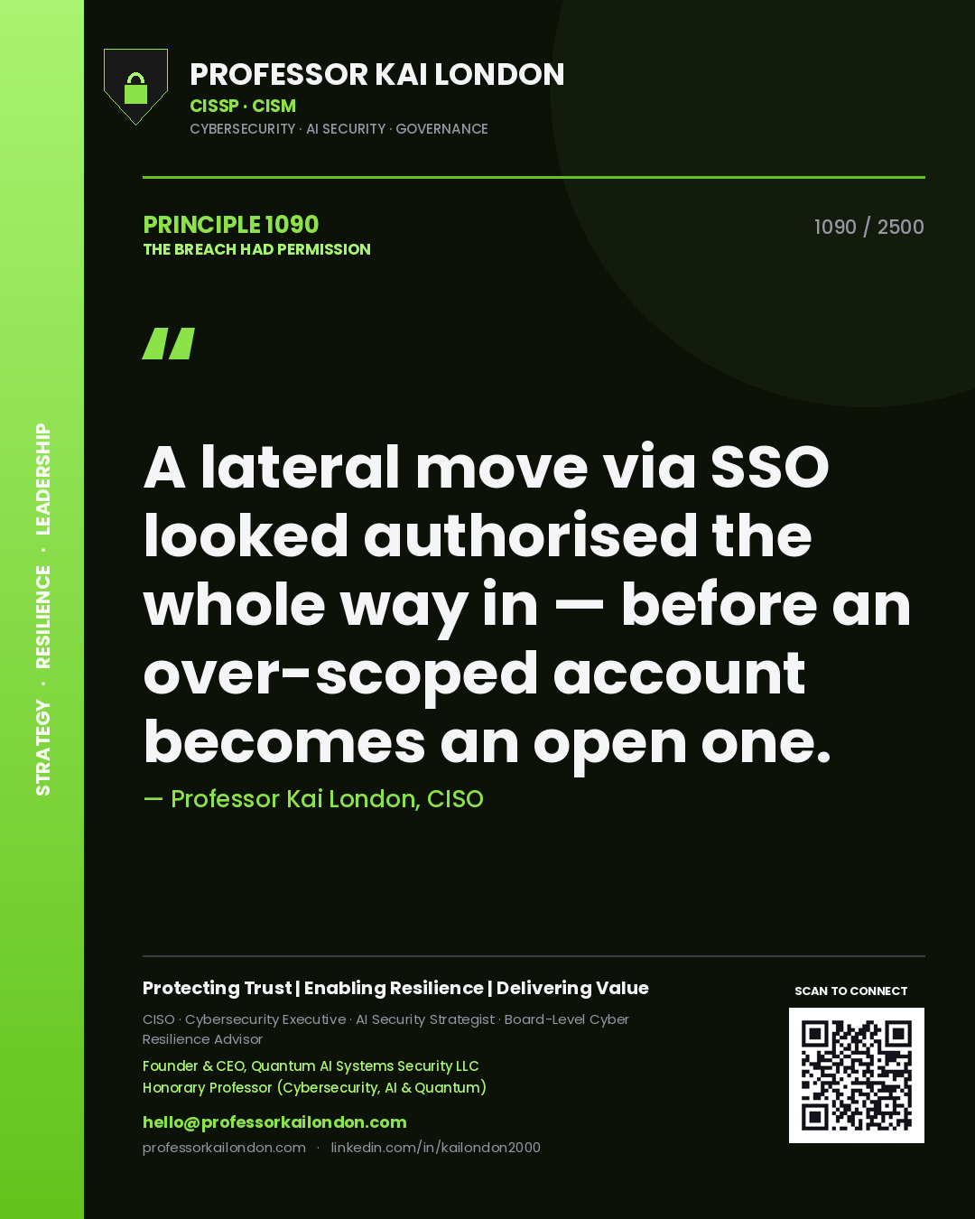 Quote card by Professor Kai London reading 'A lateral move via SSO looked authorised the whole way in — before an over-scoped account becomes an open one.'. From the book The Breach Had Permission.