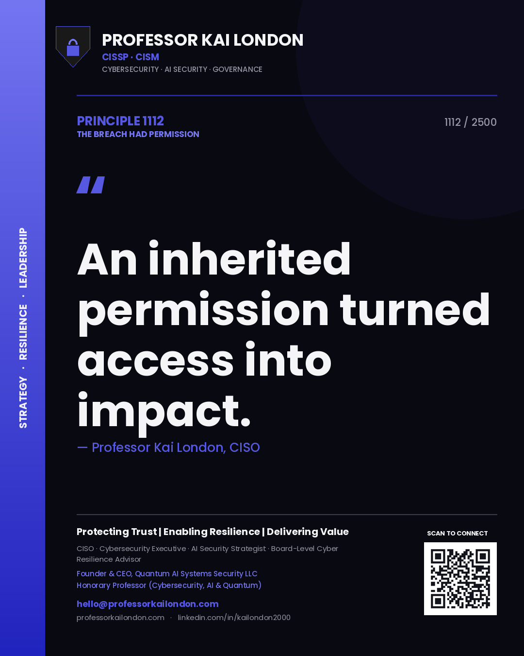 Quote card by Professor Kai London reading 'An inherited permission turned access into impact.'. From the book The Breach Had Permission.