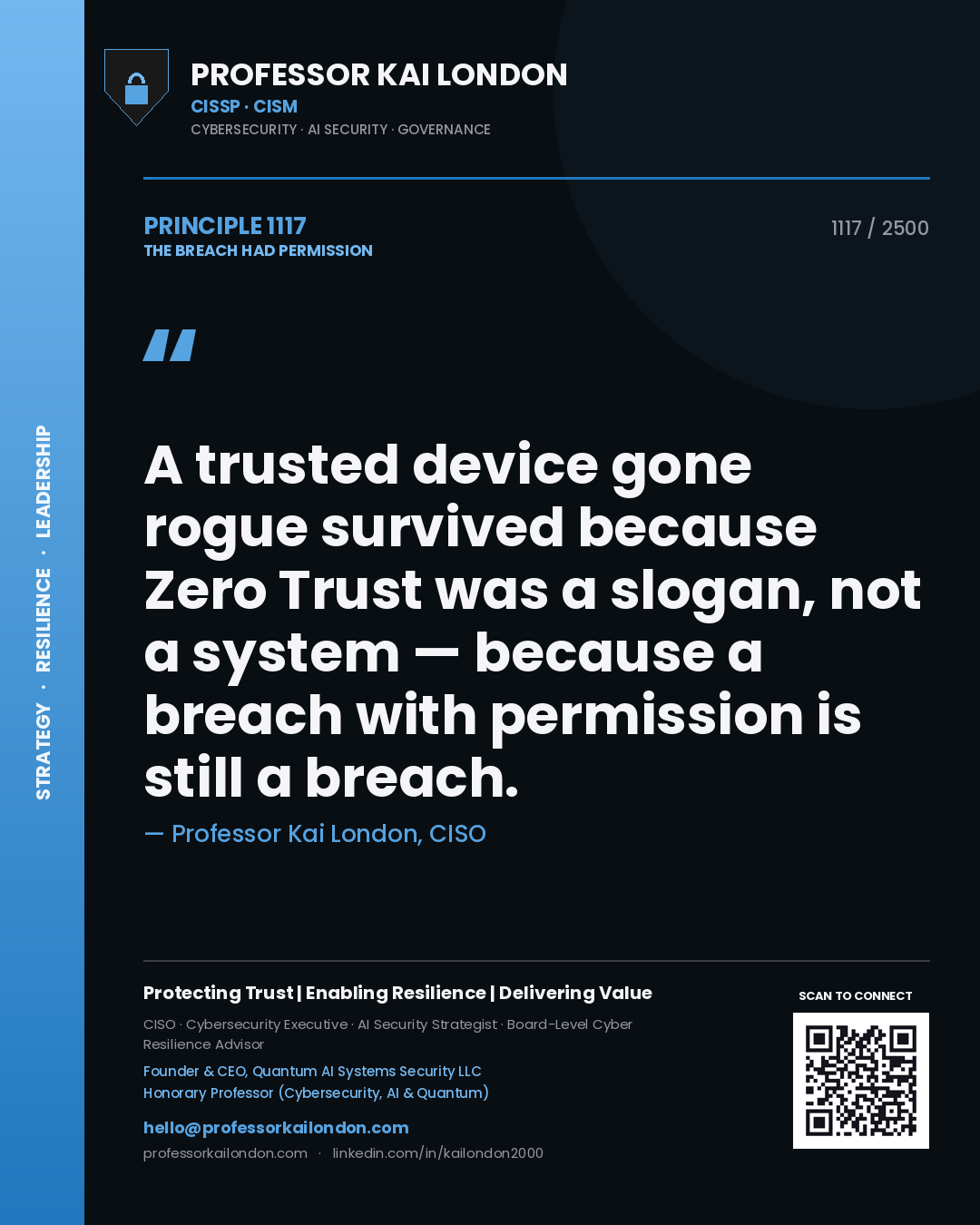 Quote card by Professor Kai London reading 'A trusted device gone rogue survived because Zero Trust was a slogan, not a system — because a breach with permission is still a breach.'. From the book The Breach Had Permission.