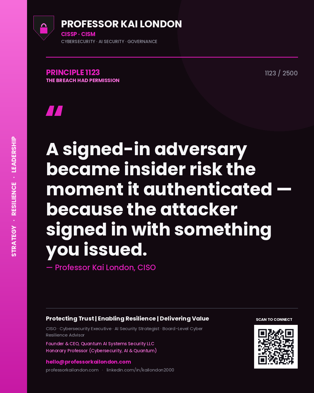 Professor Kai London principle 1123: A signed-in adversary became insider risk the moment it authenticated — because the attacker signed in with something you issued.