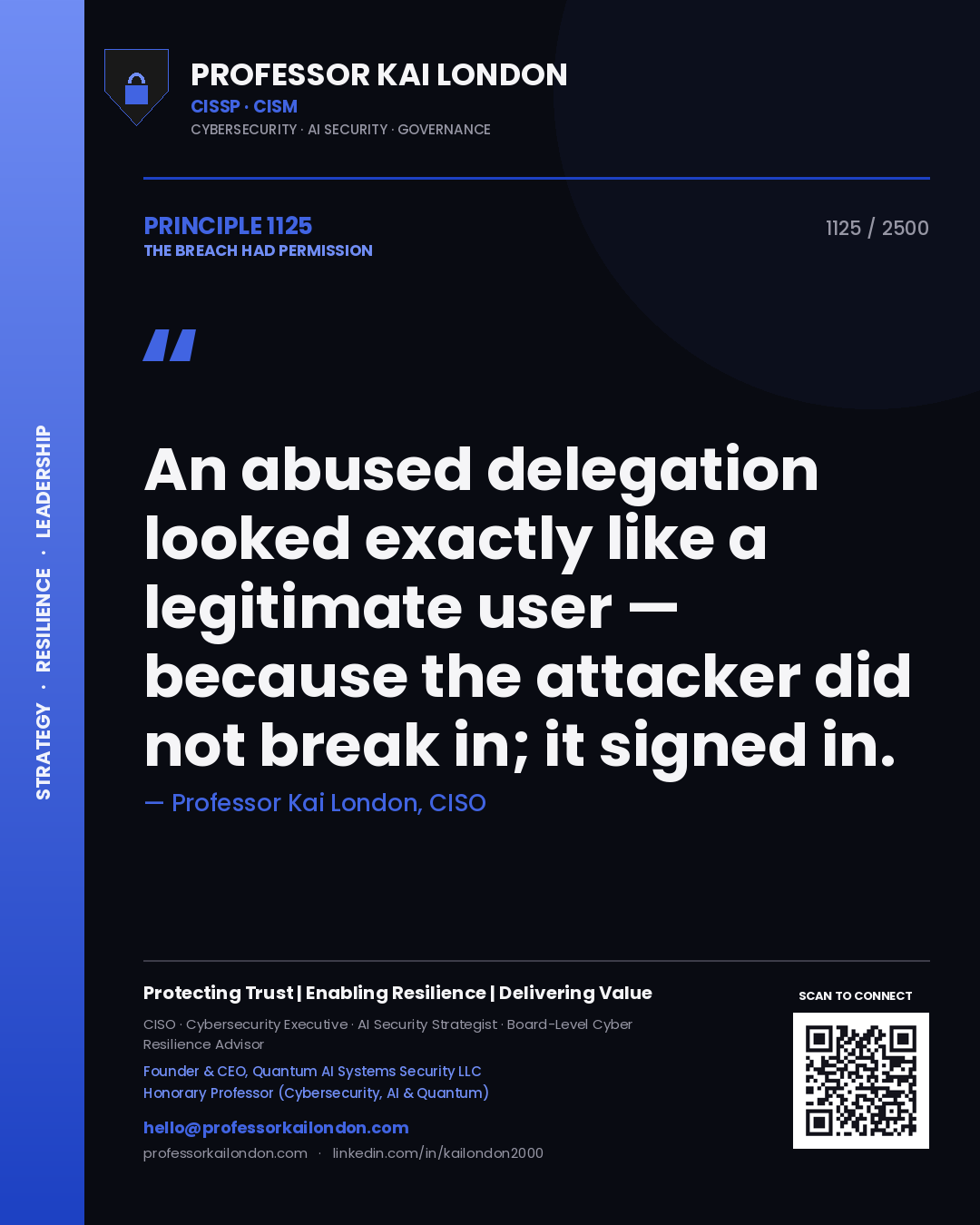 Quote card by Professor Kai London reading 'An abused delegation looked exactly like a legitimate user — because the attacker did not break in; it signed in.'. From the book The Breach Had Permission.