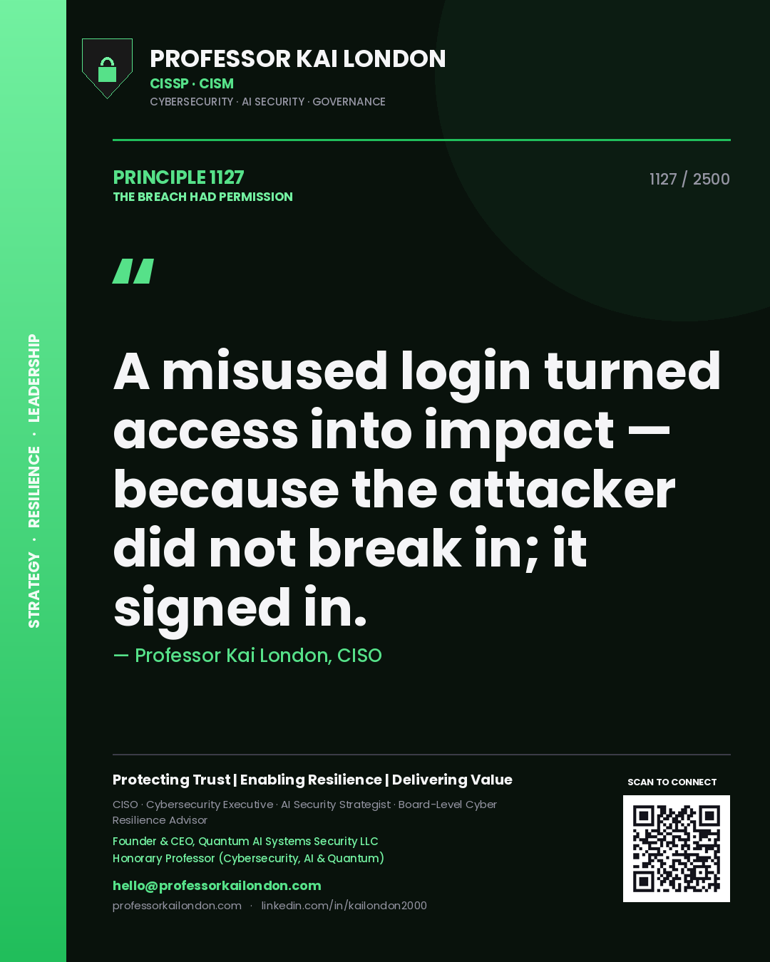 Quote card by Professor Kai London reading 'A misused login turned access into impact — because the attacker did not break in; it signed in.'. From the book The Breach Had Permission.