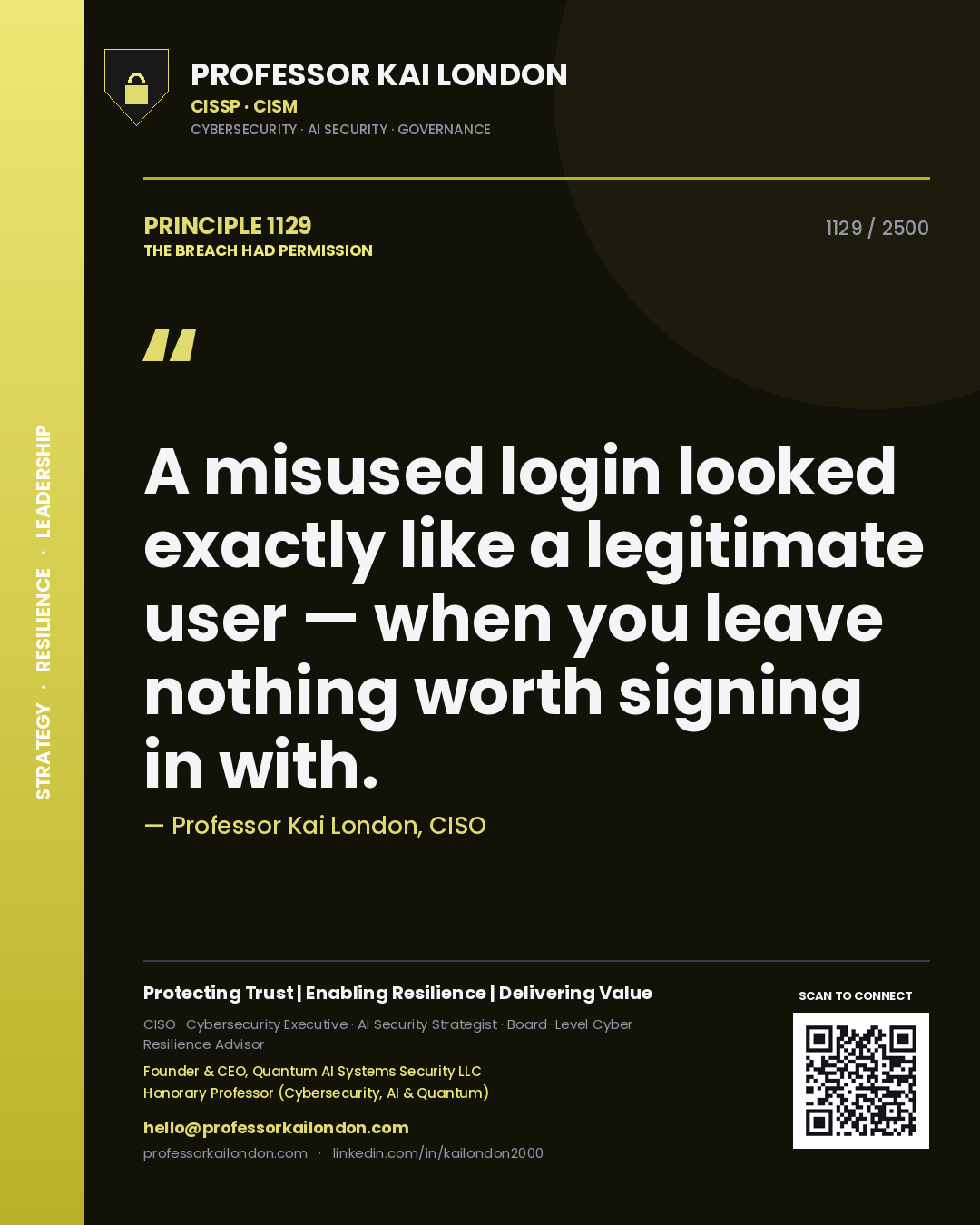 Quote card by Professor Kai London reading 'A misused login looked exactly like a legitimate user — when you leave nothing worth signing in with.'. From the book The Breach Had Permission.