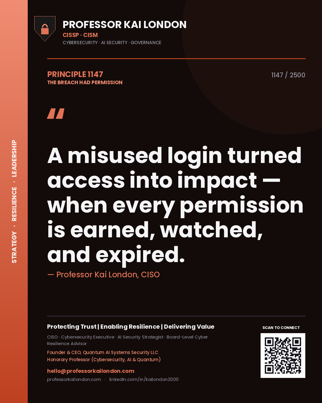 Quote card by Professor Kai London reading 'A misused login turned access into impact — when every permission is earned, watched, and expired.'. From the book The Breach Had Permission.
