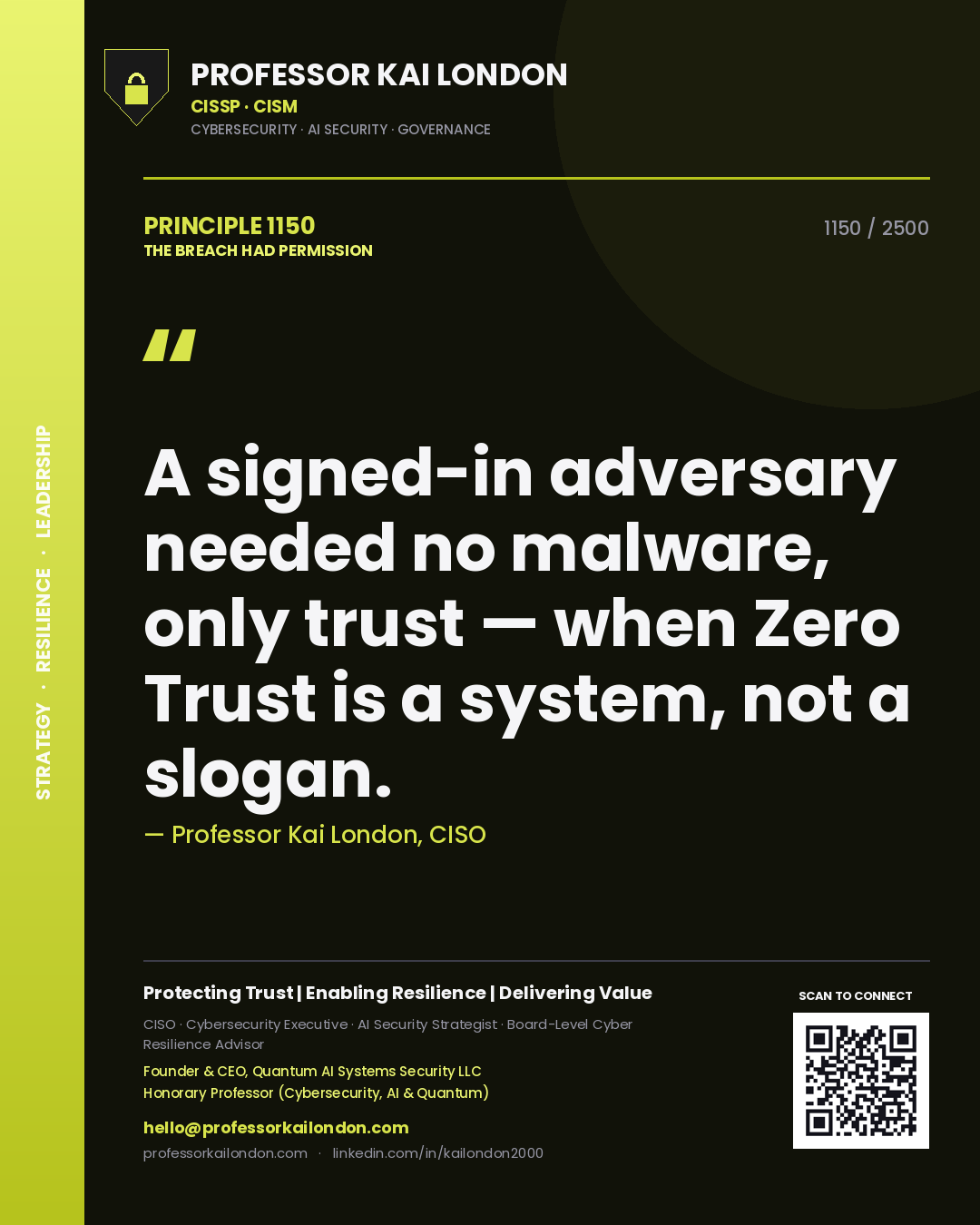 Quote card by Professor Kai London reading 'A signed-in adversary needed no malware, only trust — when Zero Trust is a system, not a slogan.'. From the book The Breach Had Permission.