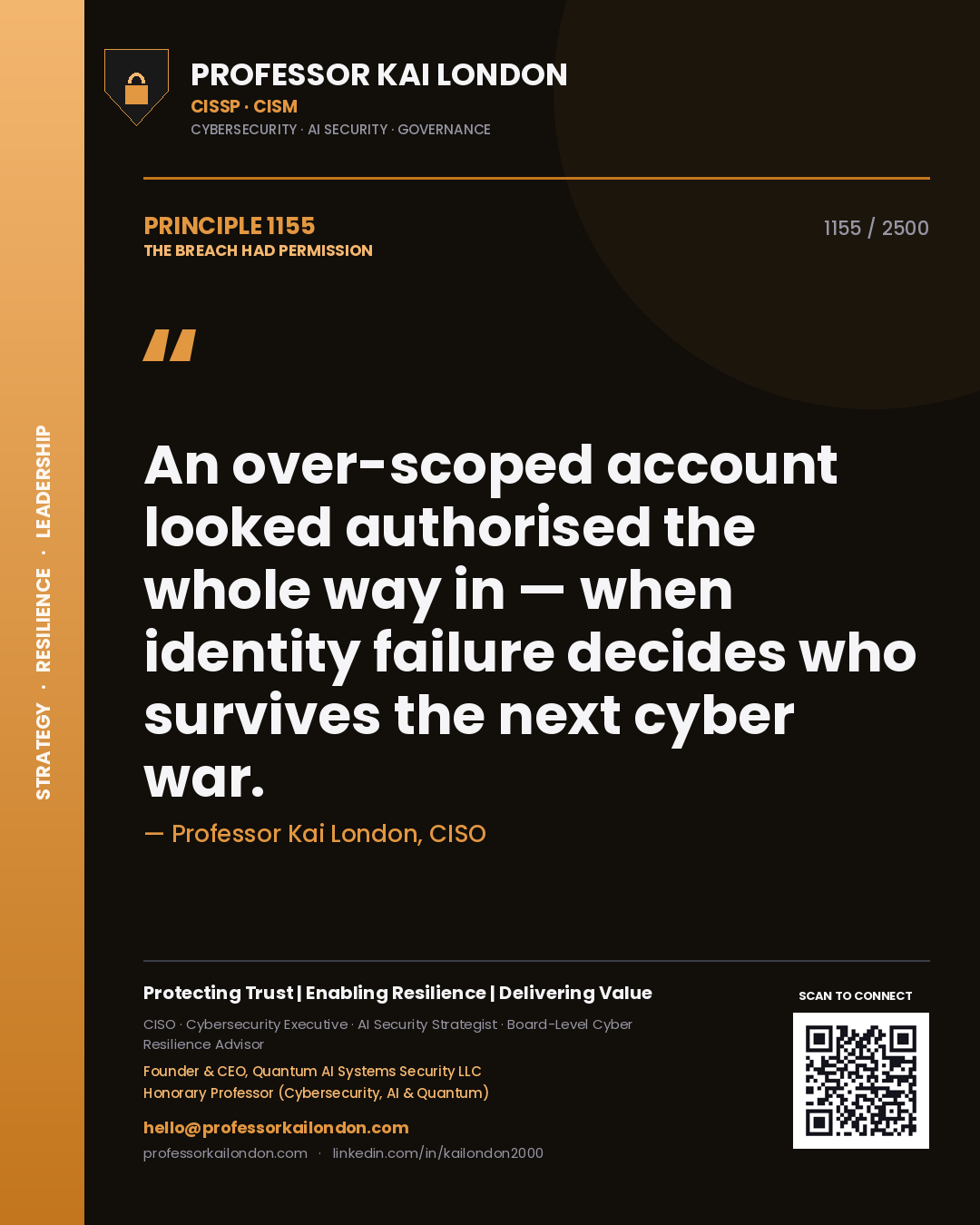 Quote card by Professor Kai London reading 'An over-scoped account looked authorised the whole way in — when identity failure decides who survives the next cyber war.'. From the book The Breach Had Permission.