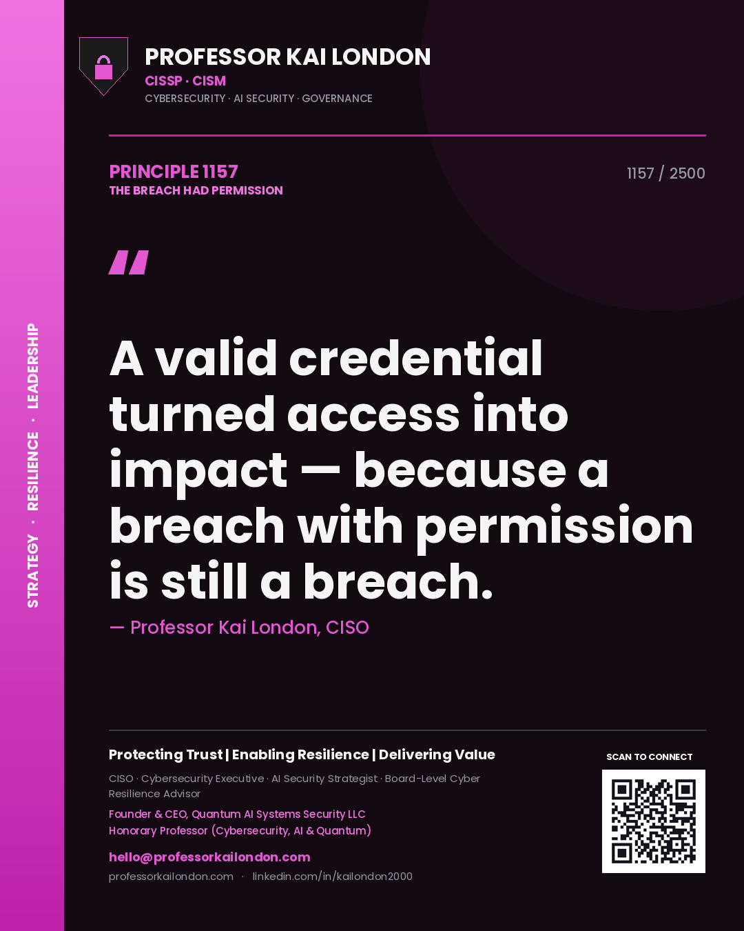 Quote card by Professor Kai London reading 'A valid credential turned access into impact — because a breach with permission is still a breach.'. From the book The Breach Had Permission.