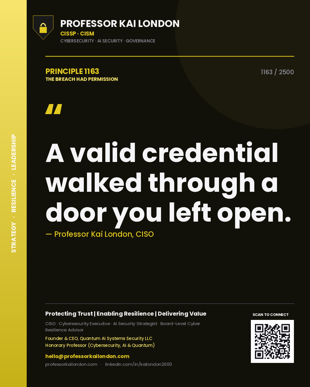 Quote card by Professor Kai London reading 'A valid credential walked through a door you left open.'. From the book The Breach Had Permission.