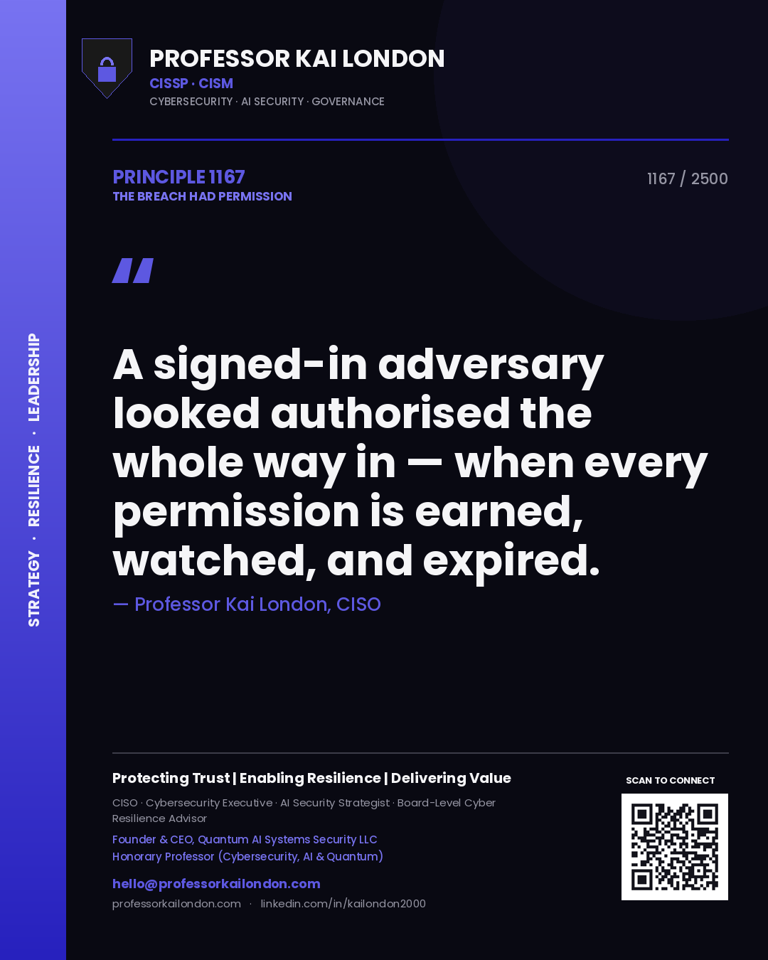 Quote card by Professor Kai London reading 'A signed-in adversary looked authorised the whole way in — when every permission is earned, watched, and expired.'. From the book The Breach Had Permission.